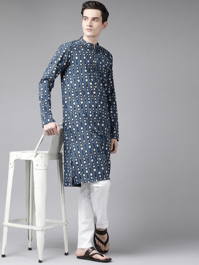 Buy Men's Blue Cotton Printed Kurta Pajama Set Online