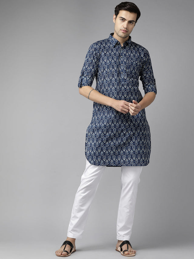 Buy Men's Indigo Pure Cotton Floral Printed Pathani Set Online - Back