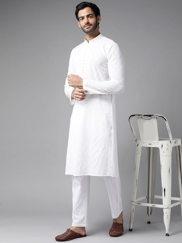 Buy Men's White Cotton Chikankari Embroidered Straight Kurta Online - Side