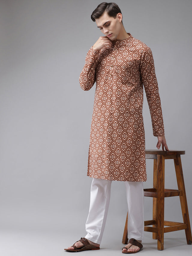 Buy Men's Beige Cotton Printed Straight Kurta Online