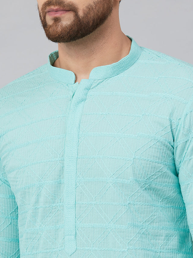 Buy Men's Turquoise Blue Cotton Chikankari Embroidered Kurta Pajama Set Online - Zoom Out