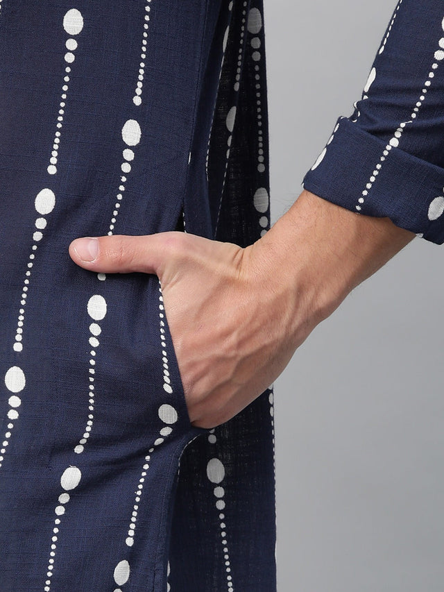 Buy Men's Navy Blue Cotton Printed Kurta Pajama Set Online - Zoom In