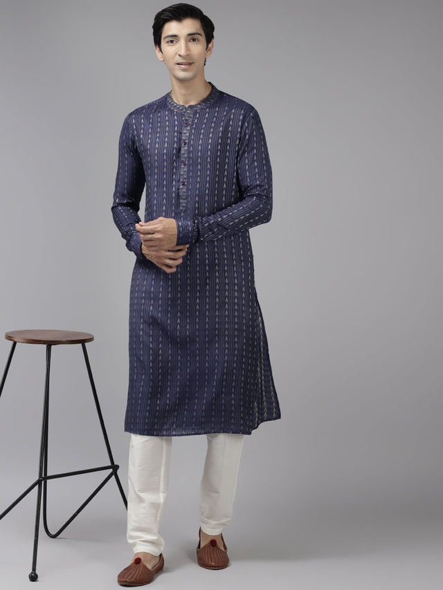 Buy Men's Blue Cotton Woven Thread Work Straight Kurta Online