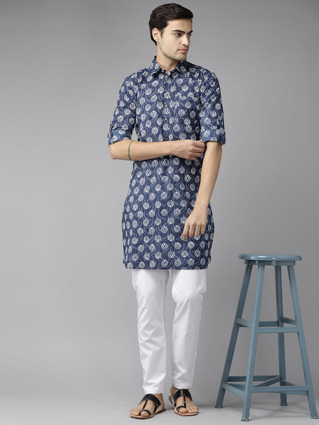 Buy Men's Indigo Pure Cotton Printed Pathani Set Online