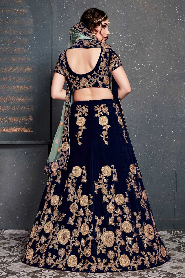 Navy Blue Velvet Zari And Sequins Embroidery Work Lehenga Set ('7201)