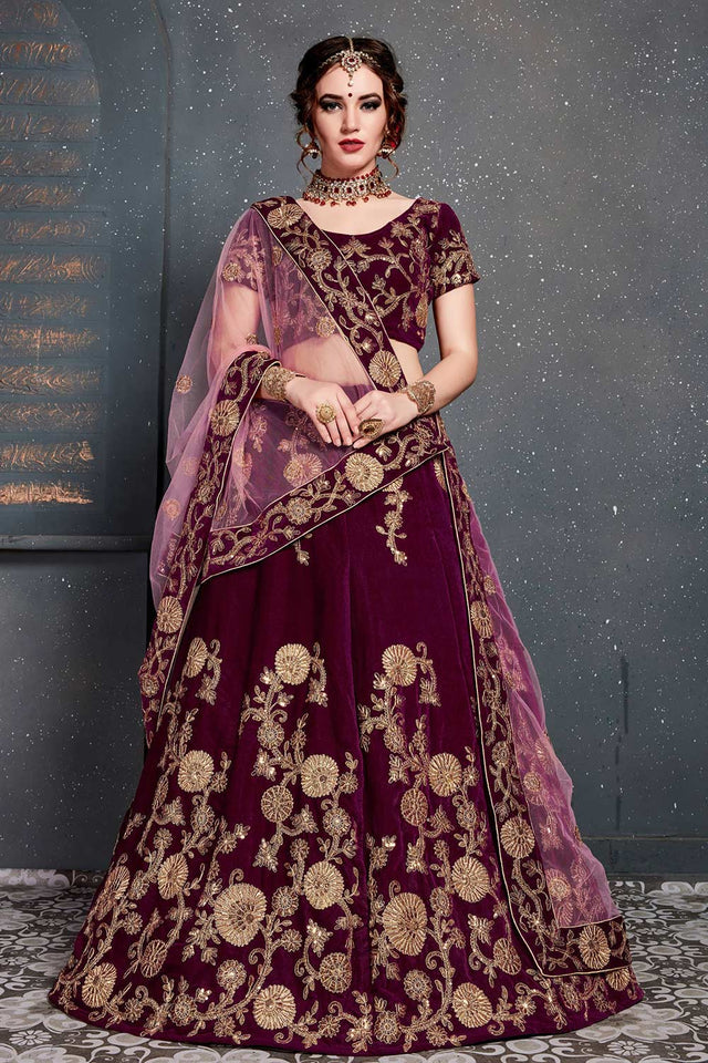 Purple Velvet Zari And Sequins Embroidery Work Lehenga Set ('7204)