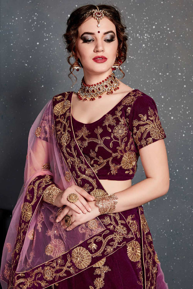 Purple Velvet Zari And Sequins Embroidery Work Lehenga Set ('7204)
