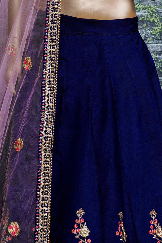 Dark Blue Taffeta Satin Silk Zari Embroidery With Diamond Work Lehenga Set ('7205)