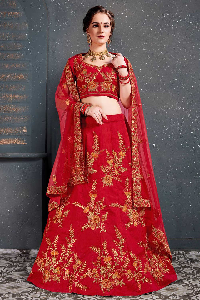 Red Slub Silk Zari Embroidery With Diamond Work Lehenga Set ('7208)