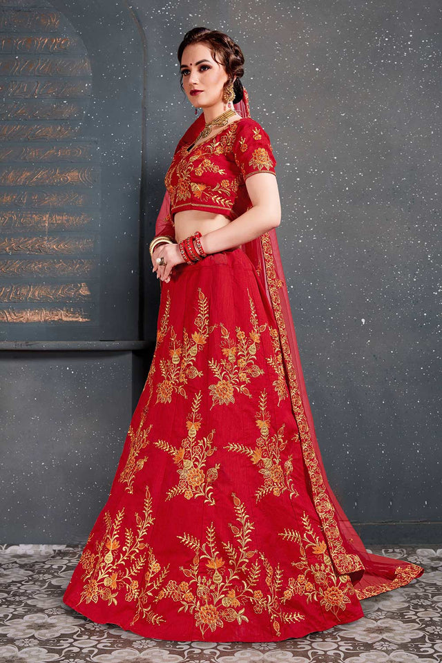 Red Slub Silk Zari Embroidery With Diamond Work Lehenga Set ('7208)
