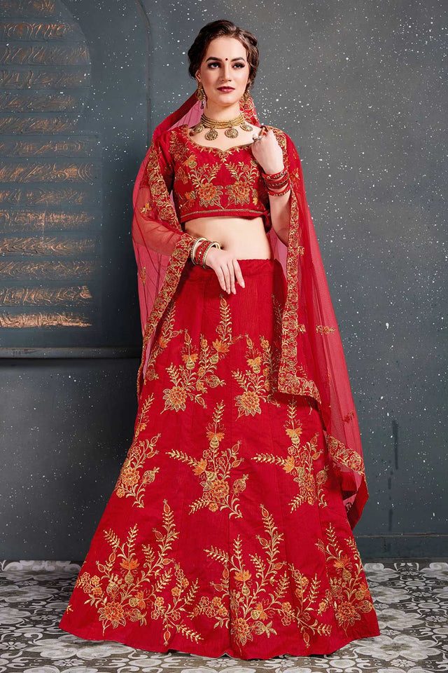 Red Slub Silk Zari Embroidery With Diamond Work Lehenga Set ('7208)