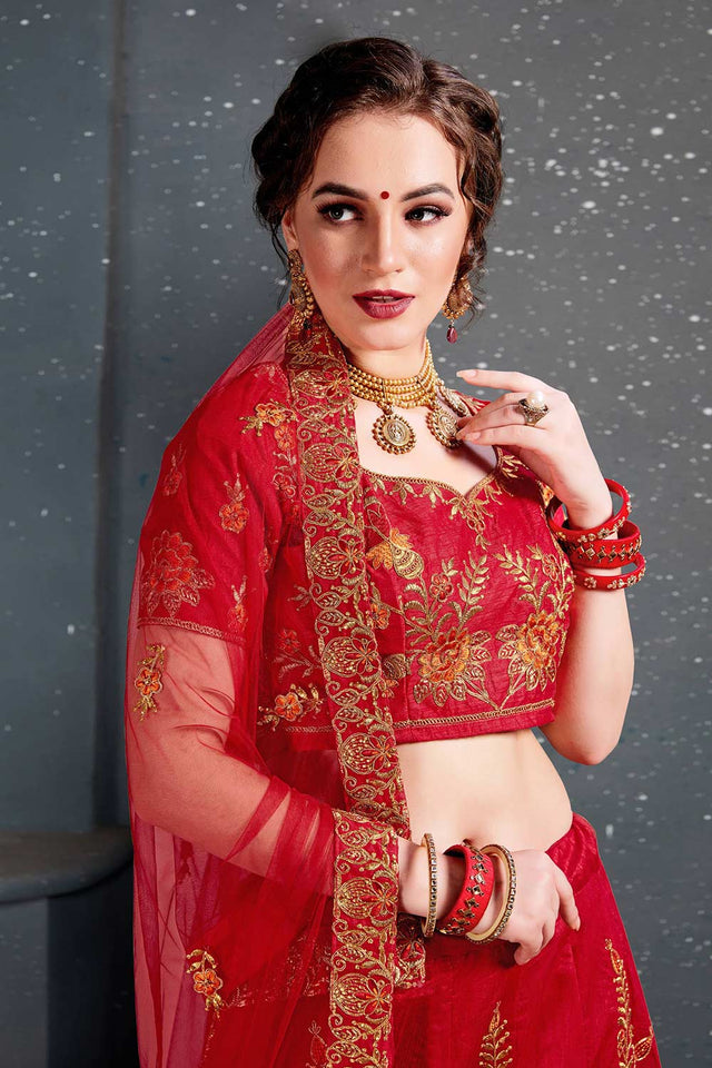 Red Slub Silk Zari Embroidery With Diamond Work Lehenga Set ('7208)