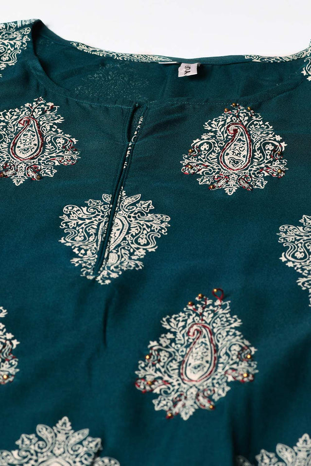 Buy Rayon Block Printed Ready to Wear Suit Set in Teal Green Online - Side
