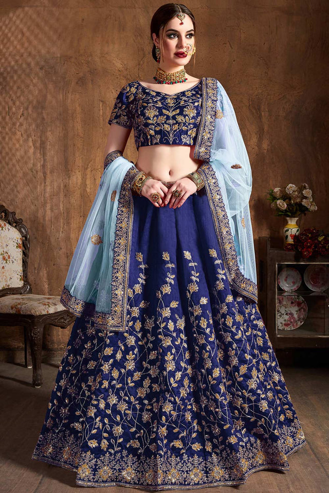 Navy Blue Raw Silk Badla And Sequins Embroidery Lehenga Set ('7401)