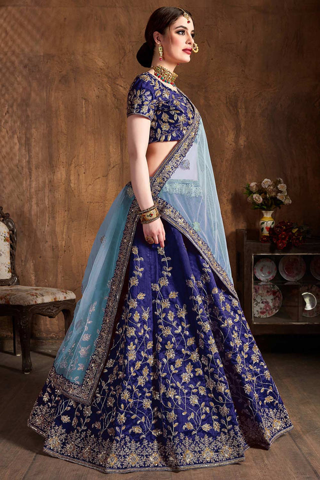 Navy Blue Raw Silk Badla And Sequins Embroidery Lehenga Set ('7401)