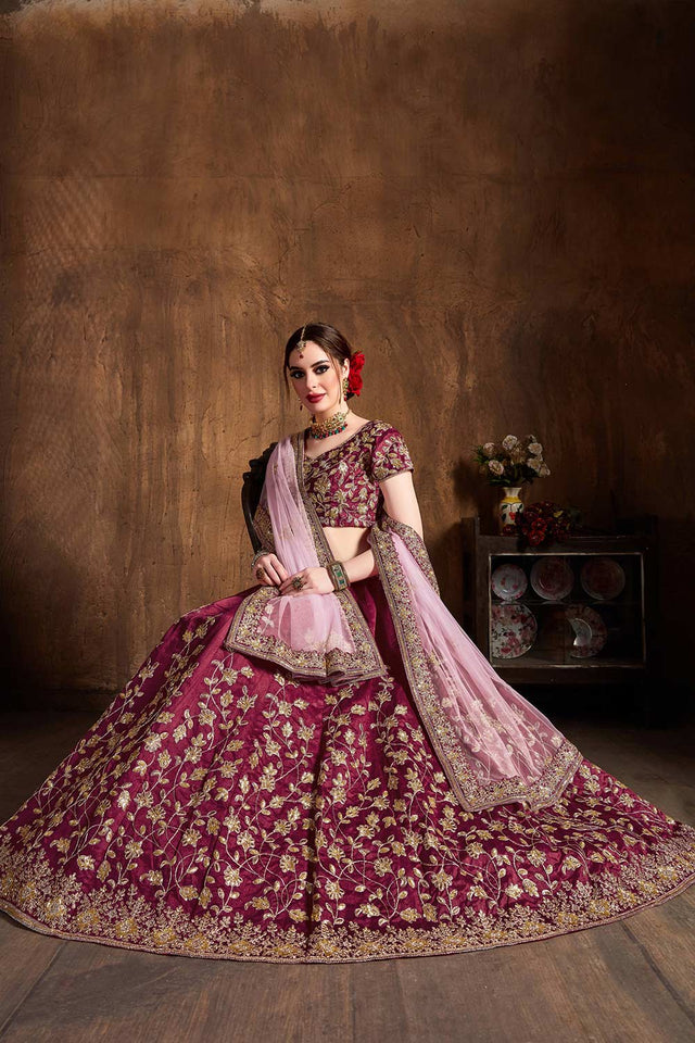 Maroon Raw Silk Badla And Sequins Embroidery Lehenga Set ('7402)