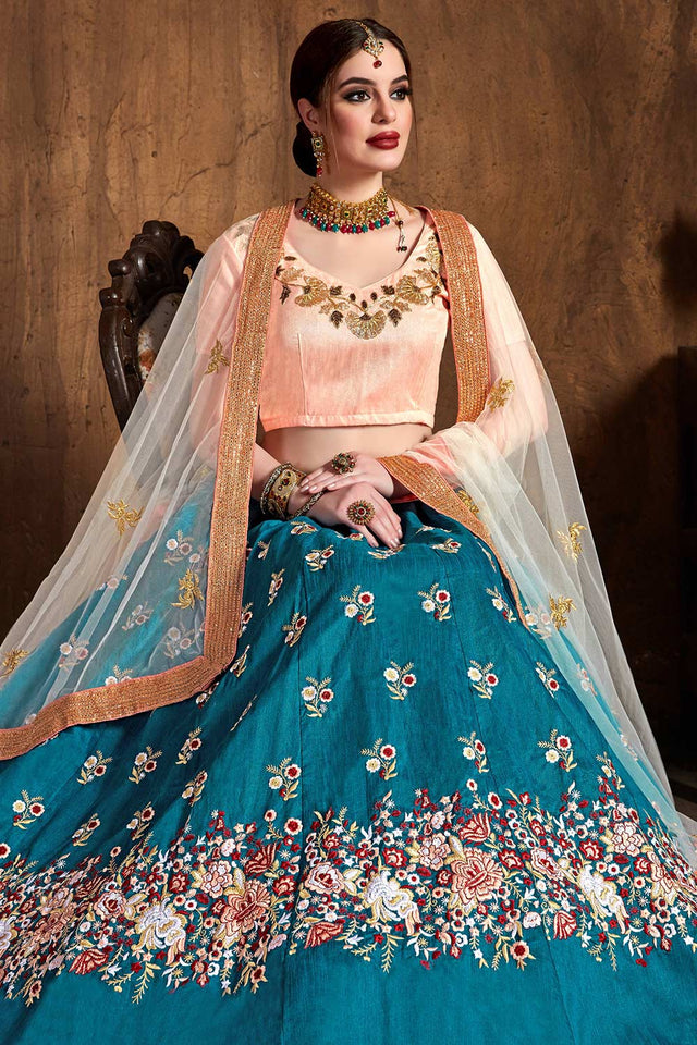 Teal Blue Raw Silk Sequins Resham Thread And Embroidery Lehenga Set ('7403)