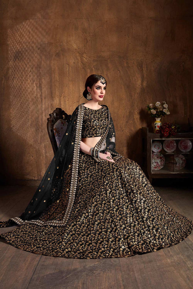 Black Raw Silk Zari And Sequins Heavy Embroidery Work Lehenga Set ('7405)