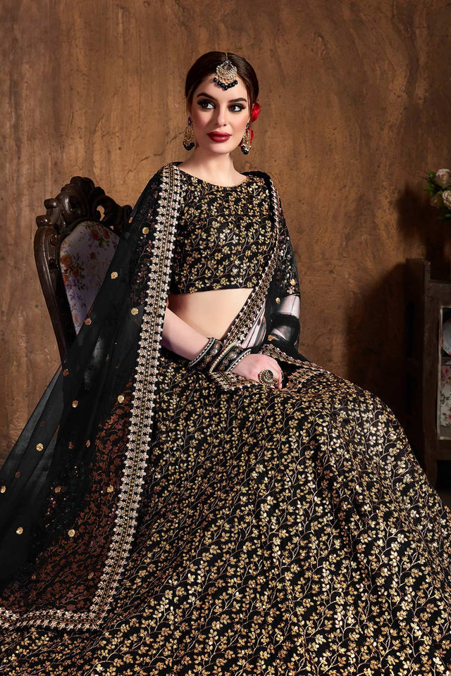 Black Raw Silk Zari And Sequins Heavy Embroidery Work Lehenga Set ('7405)