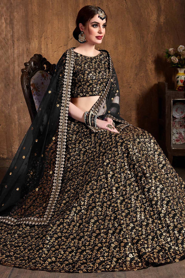 Black Raw Silk Zari And Sequins Heavy Embroidery Work Lehenga Set ('7405)