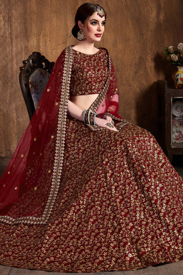 Maroon Raw Silk Zari And Sequins Heavy Embroidery Work Lehenga Set ('7406)