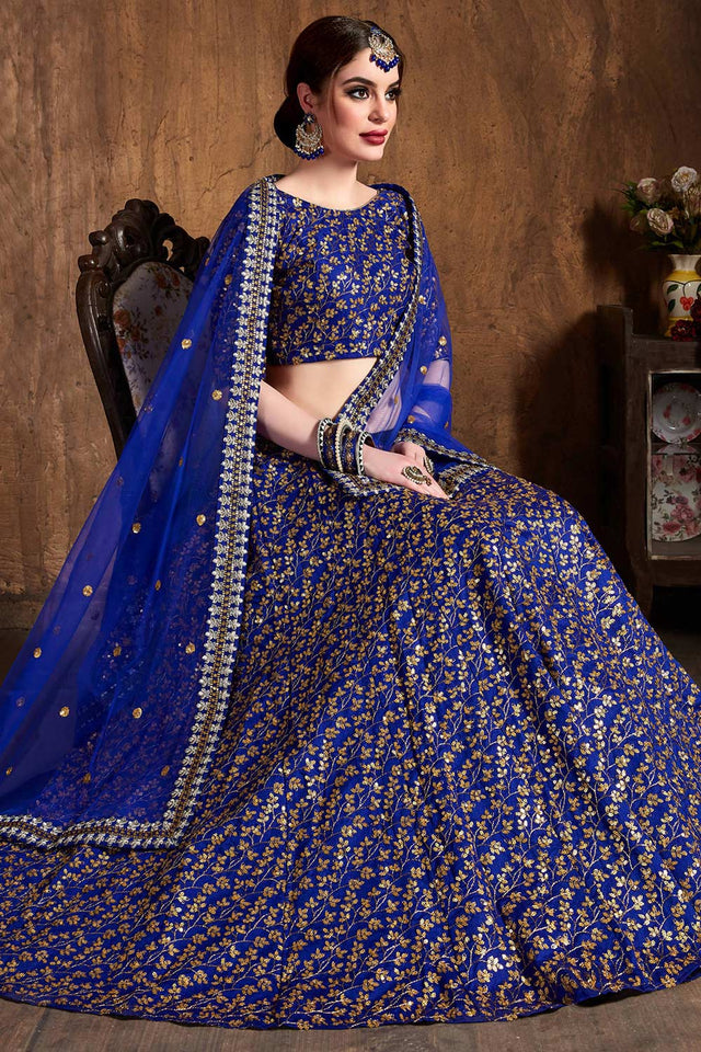 Royal Blue Raw Silk Zari And Sequins Heavy Embroidery Work Lehenga Set ('7407)
