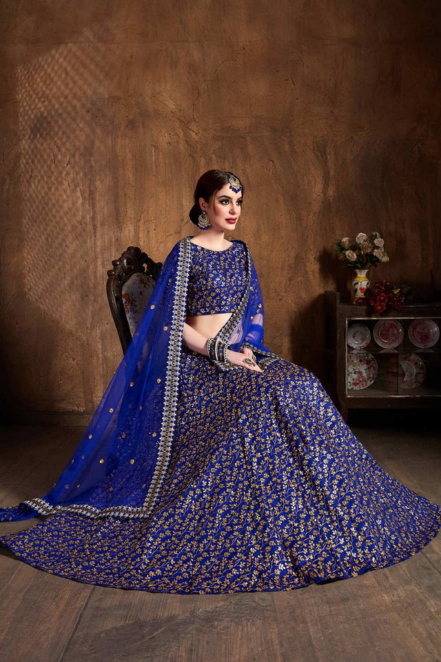 Royal Blue Raw Silk Zari And Sequins Heavy Embroidery Work Lehenga Set ('7407)