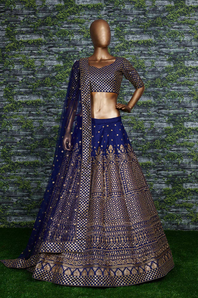 Navy Blue Raw Silk Zari And Sequins Embroidery Lehenga Set ('7408)