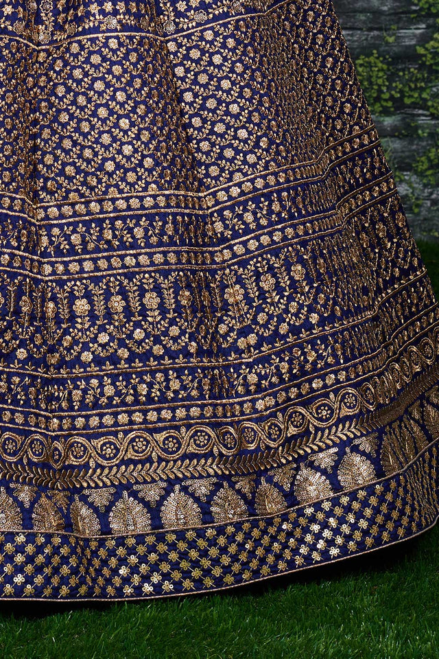 Navy Blue Raw Silk Zari And Sequins Embroidery Lehenga Set ('7408)