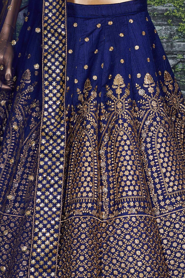 Navy Blue Raw Silk Zari And Sequins Embroidery Lehenga Set ('7408)