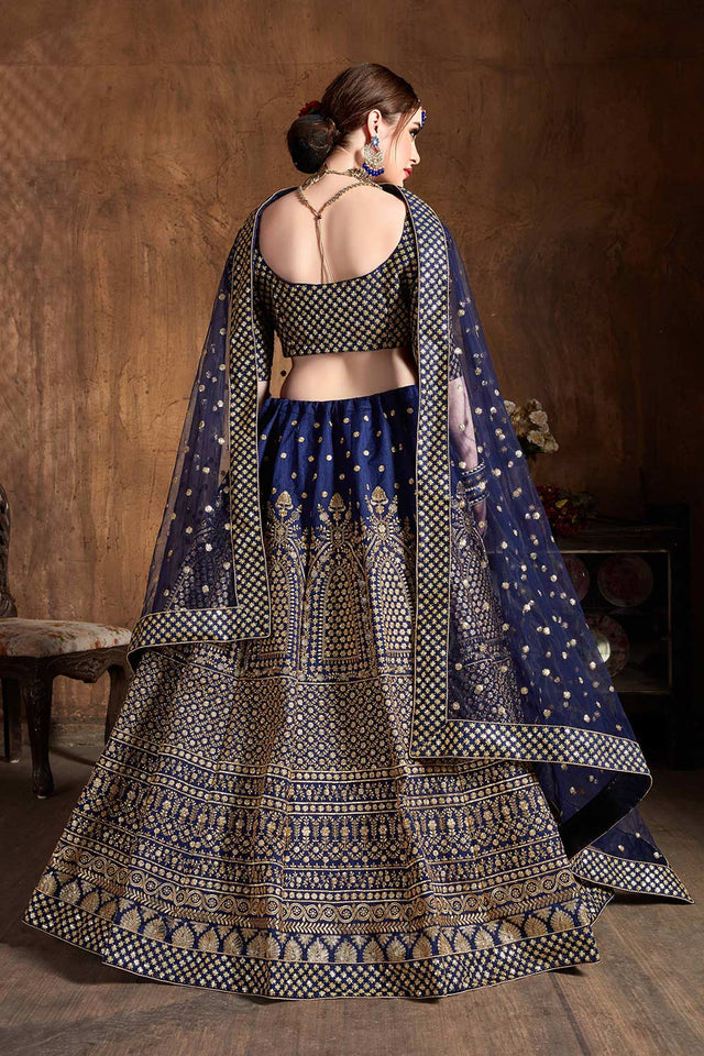 Navy Blue Raw Silk Zari And Sequins Embroidery Lehenga Set ('7408)