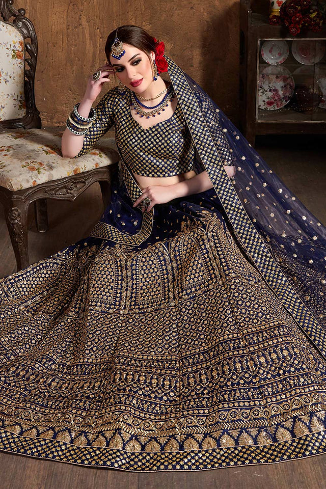 Navy Blue Raw Silk Zari And Sequins Embroidery Lehenga Set ('7408)