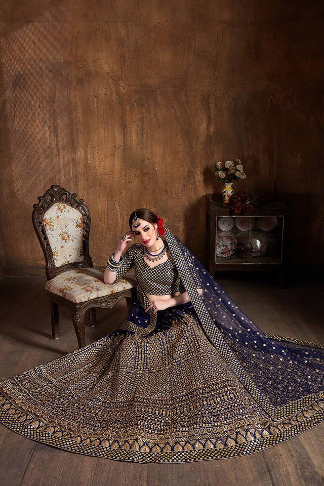 Navy Blue Raw Silk Zari And Sequins Embroidery Lehenga Set ('7408)