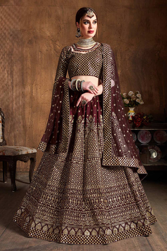 Maroon Raw Silk Zari And Sequins Embroidery Lehenga Set ('7409)
