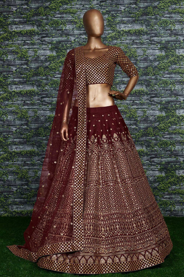 Maroon Raw Silk Zari And Sequins Embroidery Lehenga Set ('7409)