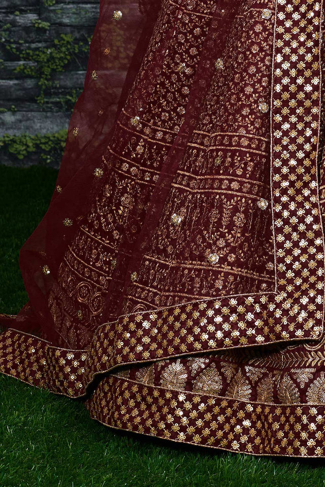Maroon Raw Silk Zari And Sequins Embroidery Lehenga Set ('7409)
