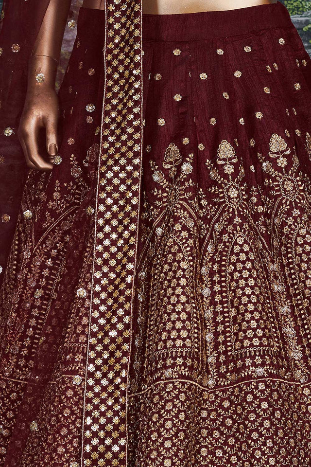 Maroon Raw Silk Zari And Sequins Embroidery Lehenga Set ('7409)