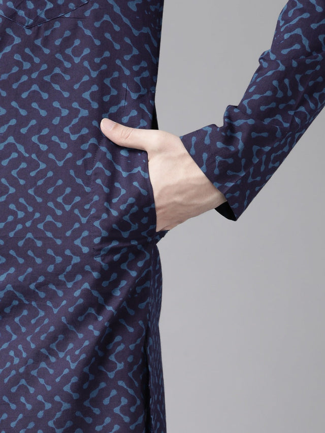 Buy Men's Blue Cotton Printed Straight Kurta Online - Side