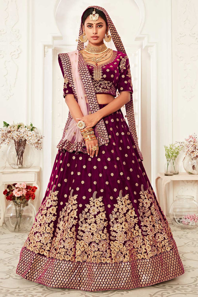 Purple Velvet Zari And Sequins Embroidery Work Lehenga Set ('7702)