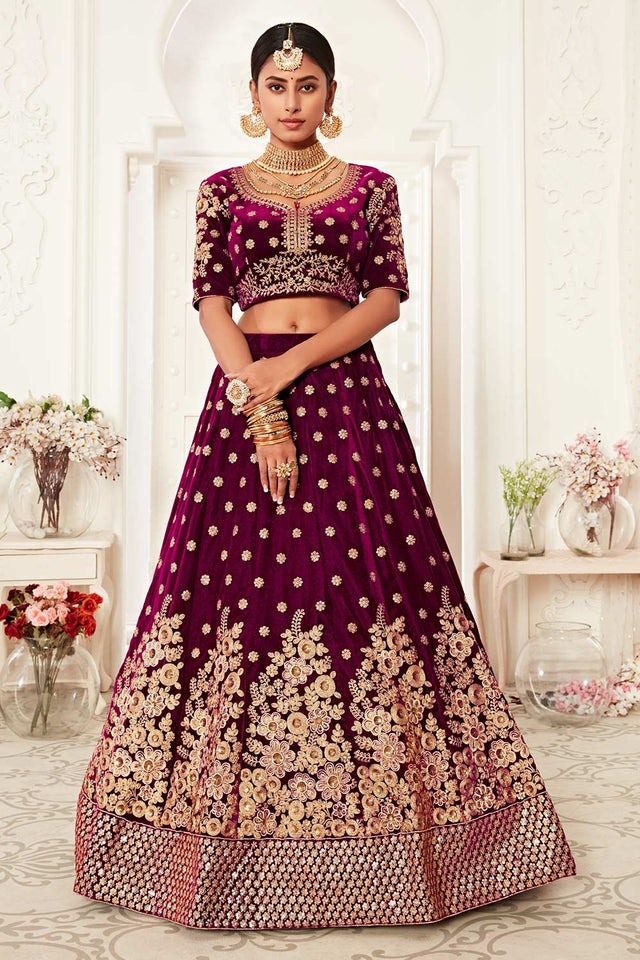 Purple Velvet Zari And Sequins Embroidery Work Lehenga Set ('7702)