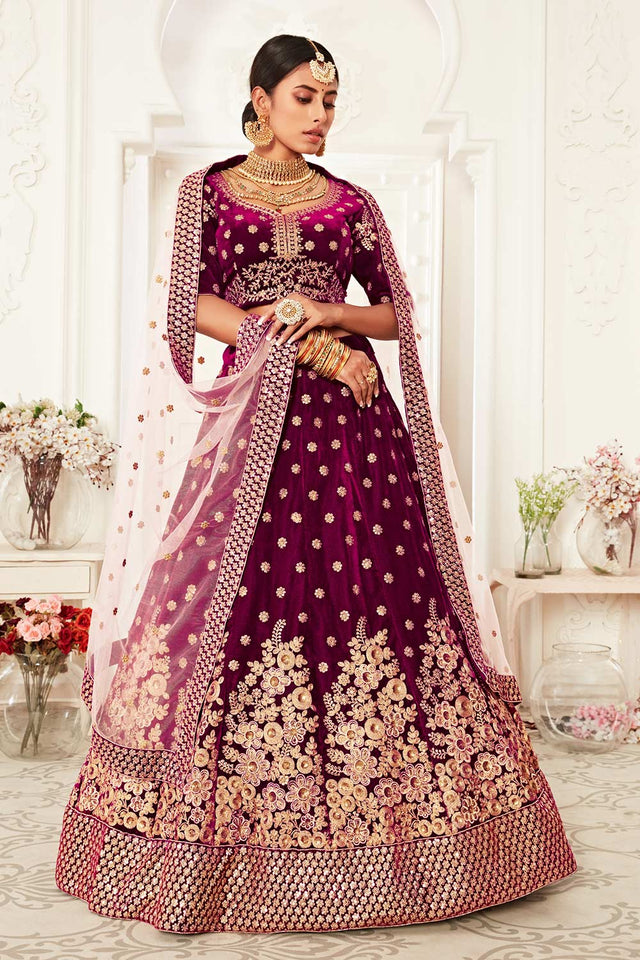 Purple Velvet Zari And Sequins Embroidery Work Lehenga Set ('7702)