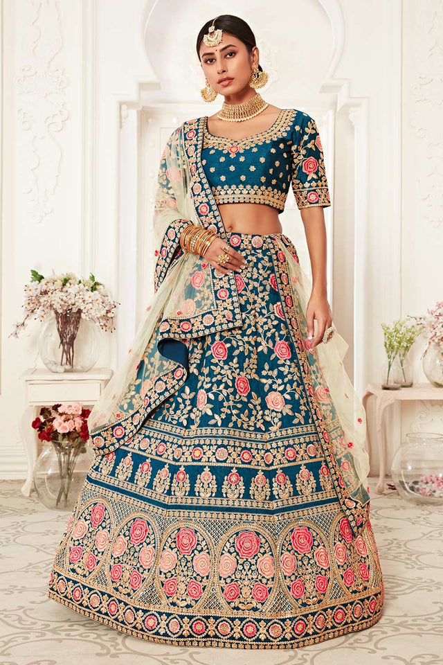 Blue Slub Silk Zari And Sequins Embroidery Work Lehenga Set ('7703)