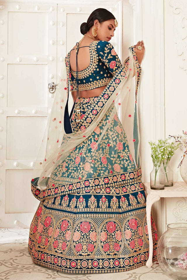Blue Slub Silk Zari And Sequins Embroidery Work Lehenga Set ('7703)