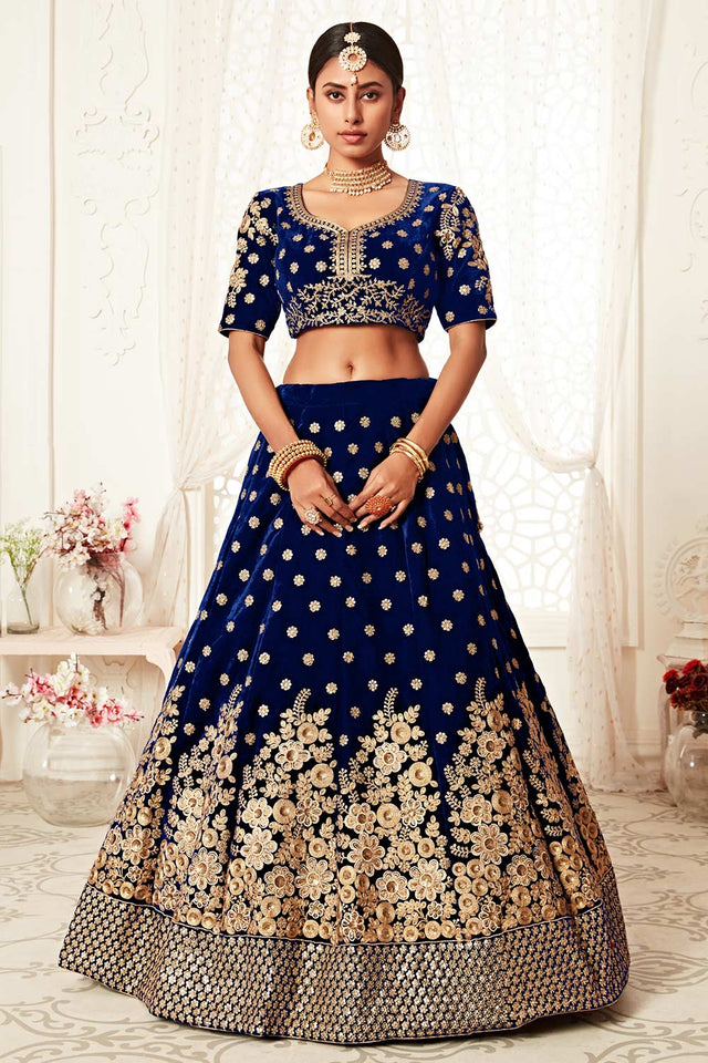 Navy Blue Velvet Zari And Sequins Embroidery Work Lehenga Set ('7704)