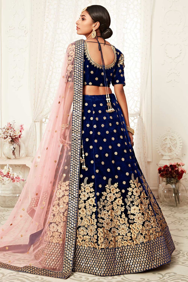 Navy Blue Velvet Zari And Sequins Embroidery Work Lehenga Set ('7704)