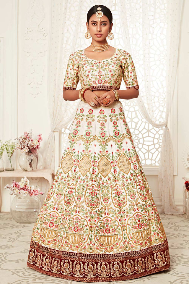 Off White Art Silk Zari And Sequins Embroidery With Diamond Work Lehenga Set ('7705)