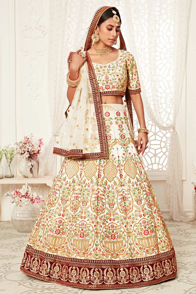 Off White Art Silk Zari And Sequins Embroidery With Diamond Work Lehenga Set ('7705)