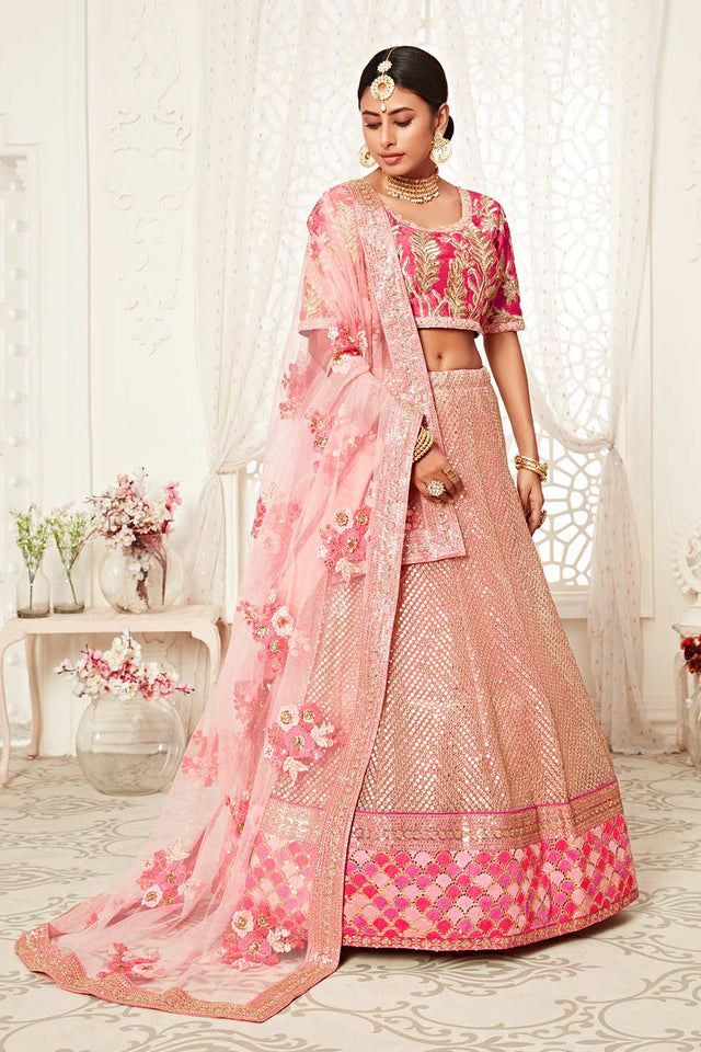 Pink Soft Net Zari And Sequins Embroidery Work Lehenga Set ('7706)