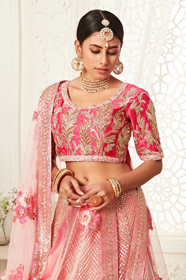 Pink Soft Net Zari And Sequins Embroidery Work Lehenga Set ('7706)