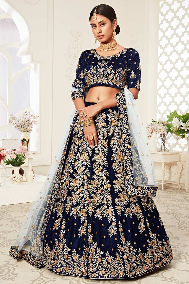 Navy Blue Velvet Zari Embroider With Diamond Work Lehenga Set ('7707)